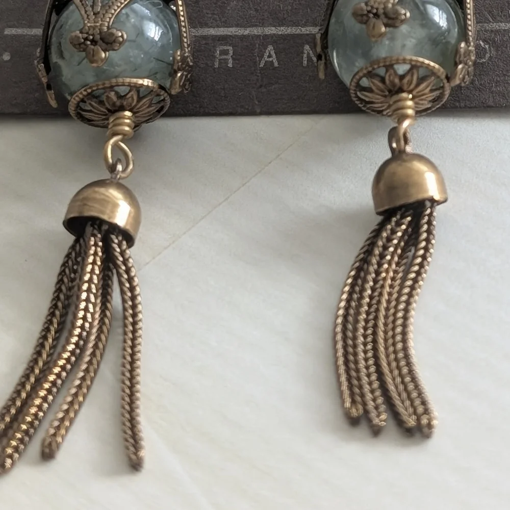 Jan Michaels of San Francisco Artisan Earring Green Glasss Stone & Brass - Picture 2 of 7
